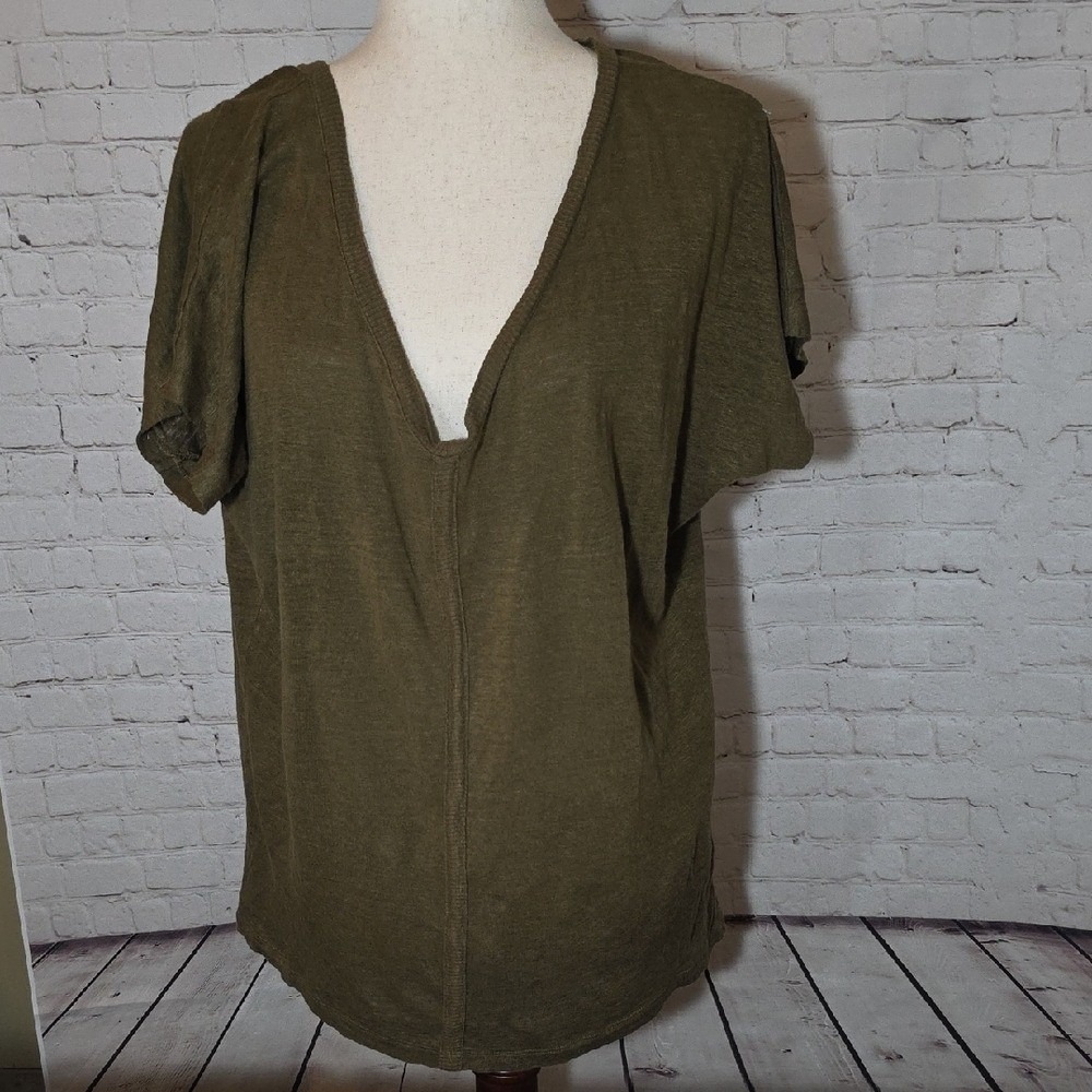 Eileen Fisher 100% Organic Linen V-Neck Top Olive Green Slub Knit PM